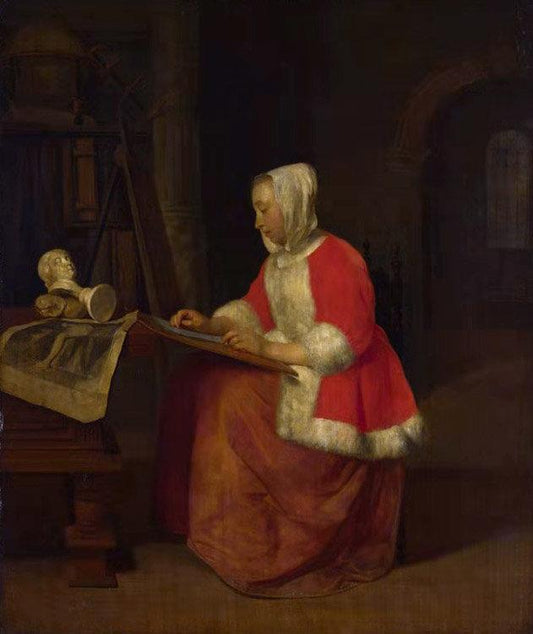 A Young Woman Seated Drawing,Gabriel Metsu,36.3x30.7cm