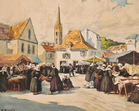 A market scene in Brittany, Henri Alphonse Barnoin