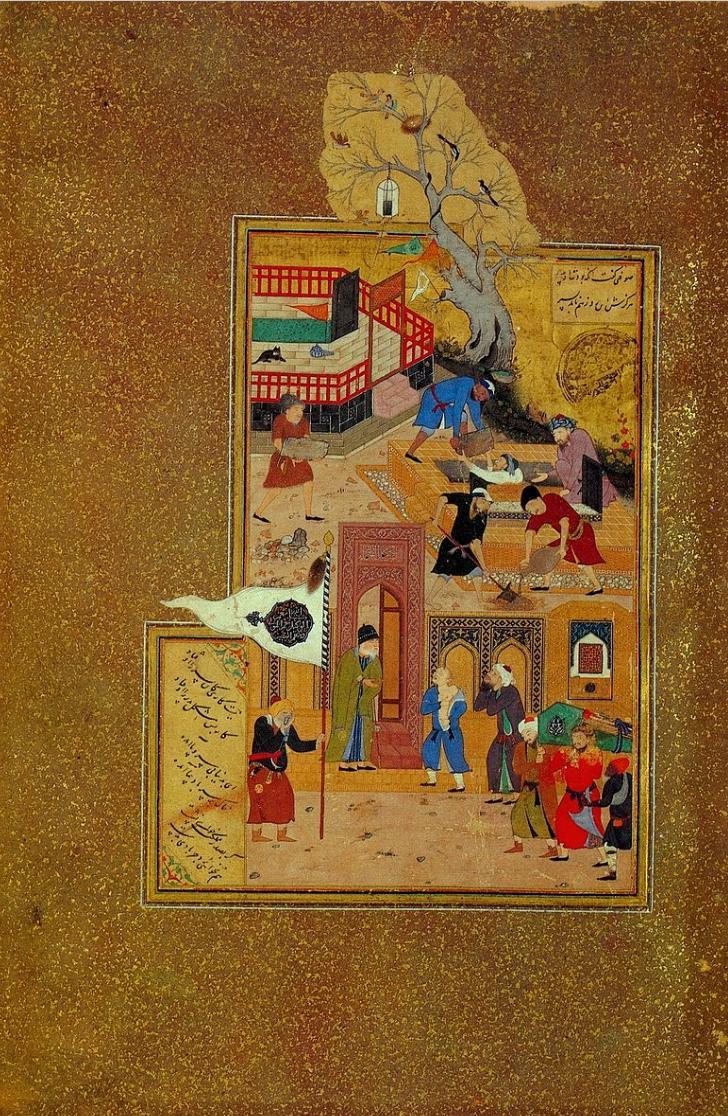A miniature painting by Bihzad illustrating the funeral,Kamāl ud-Dīn Behzād