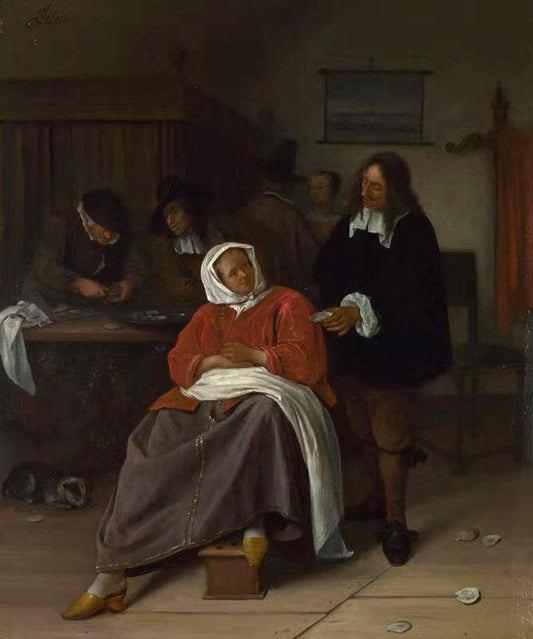 An Interior with a Man Offering an Oyster,Jan Steen,38.1x31.5cm