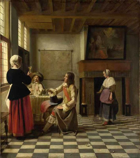 An Interior,with a Woman Drinking with,Pieter de Hooch,50x44cm