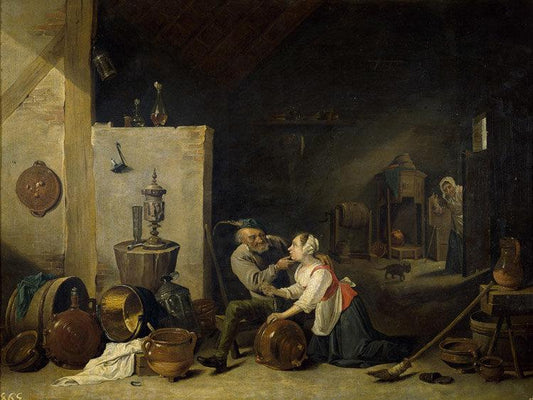 An Old Peasant Caresses a Kitchen Maid in,David Teniers,50x38cm