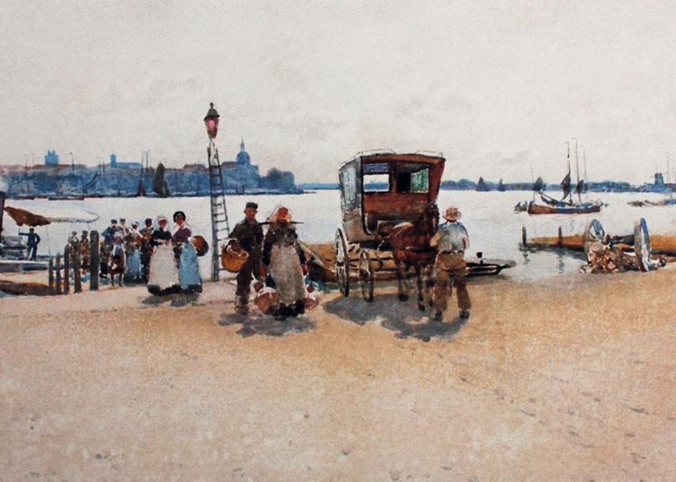 Arriving From the Ferry water-colour painting with a view of Dordrecht