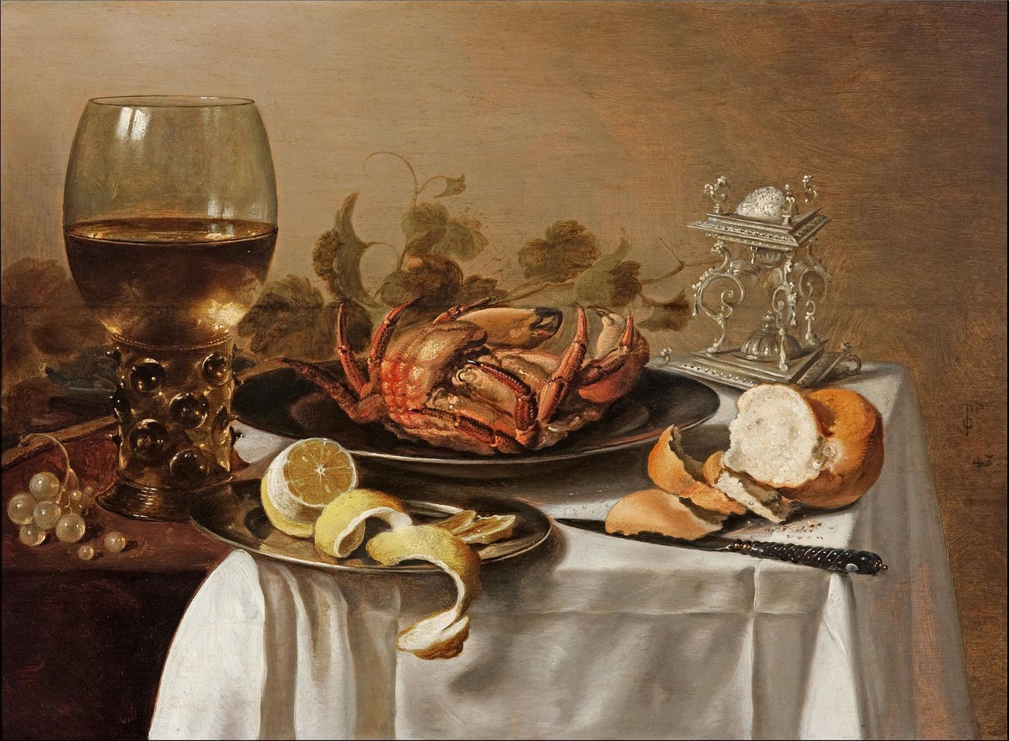 A still life with roemer, crab, peeled lemon, Pieter Claesz
