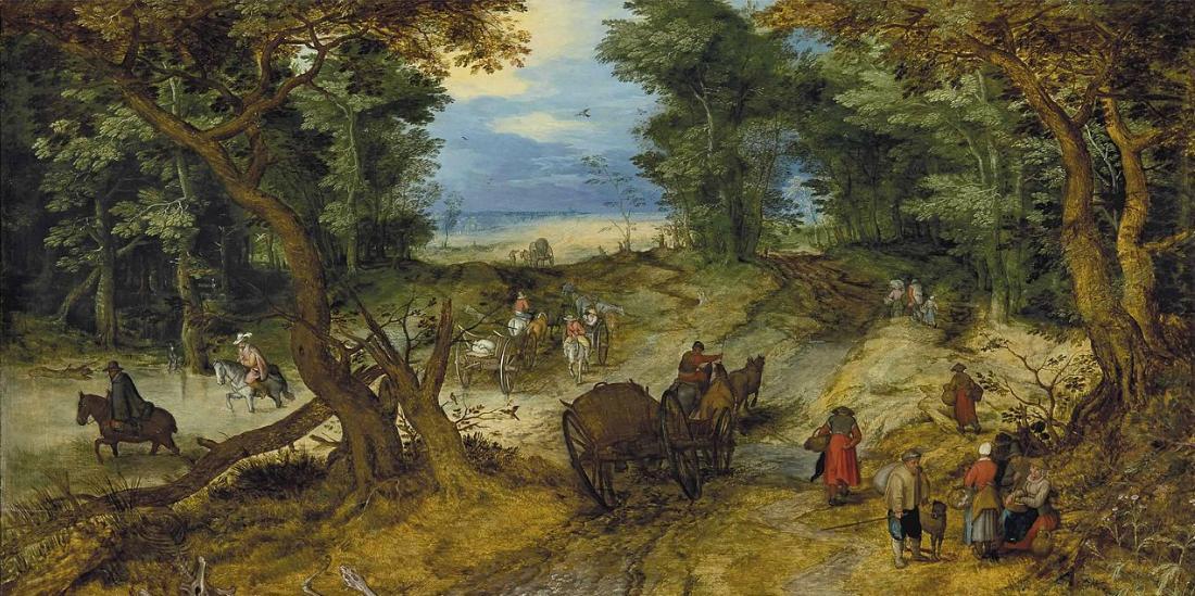 A wooded landscape with travelers on a path Jan Brueghel the Elder