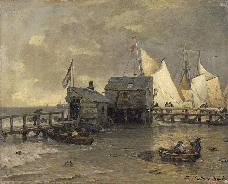 Bootssteg mit Segelbooten ,Andreas Achenbach