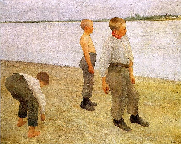 Boys Throwing Pebbles into the River ， Károly Ferenczy