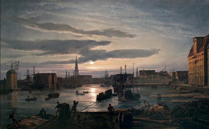 Copenhagen Harbour by Moonlight,   Johan Christian Claussen Dah