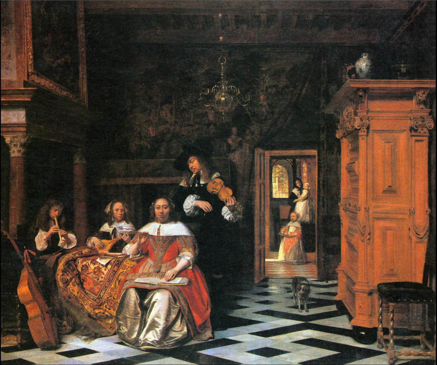 Family portrait in an opulent interior, Pieter de Hooch