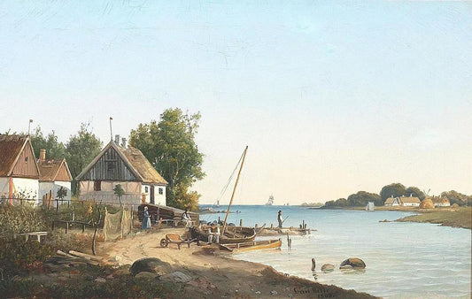 Fjordparti med huse,Carl Bille,1815-1898