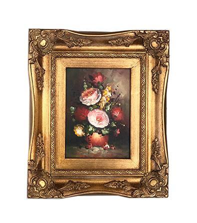 Floral painting with fantastic frame, inner size 13x18 cm