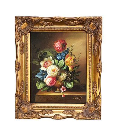 Floral painting with fantastic frame, inner size 20x25 cm