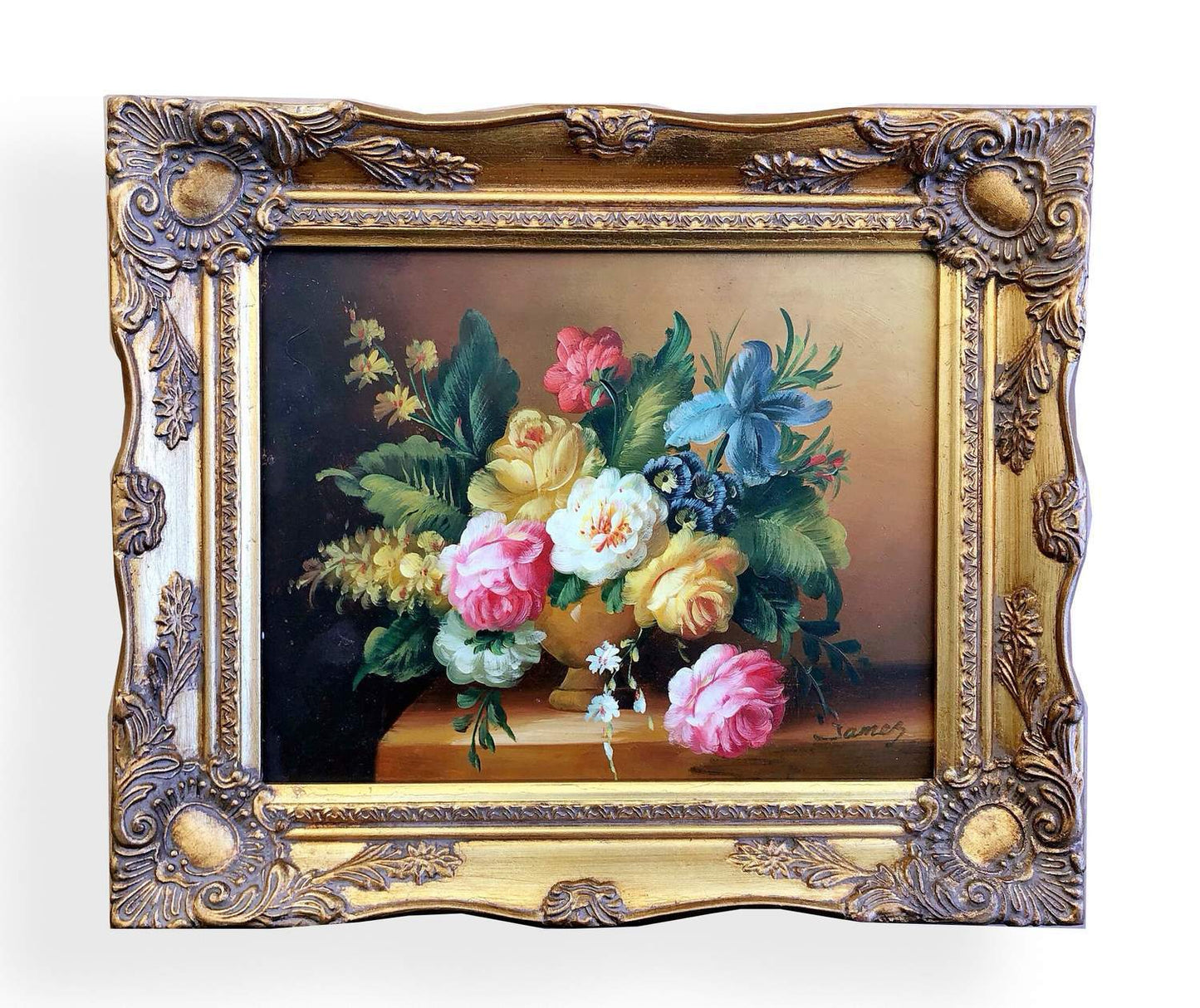 Floral painting with fantastic frame, inner size 20x25 cm
