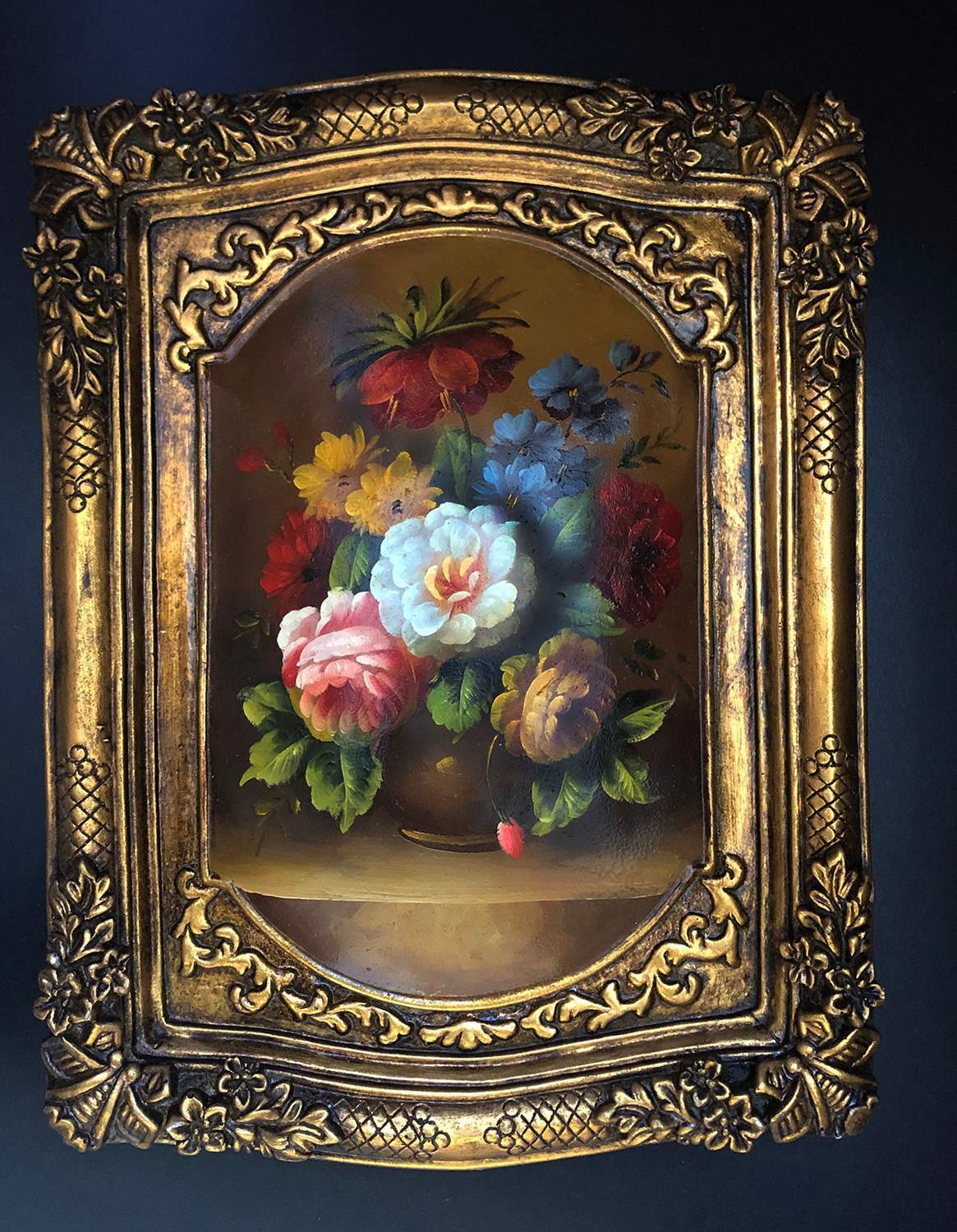 Flowers painting with fantastic frame, whole size 38x31x4 cm