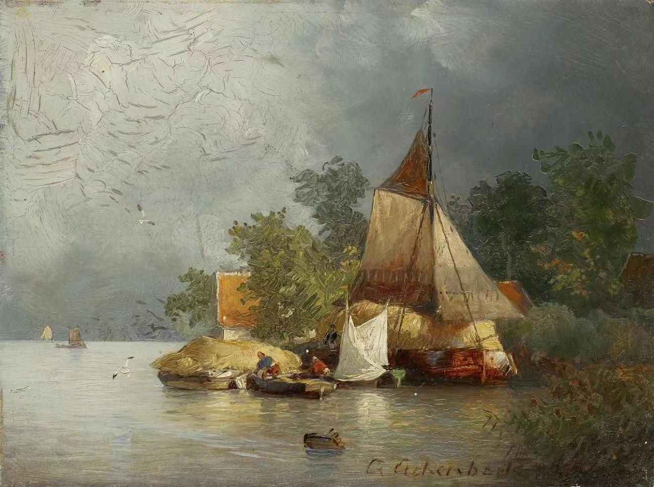 Flusslandschaft mit Lastenkähnen,Andreas Achenbach,1815-1910