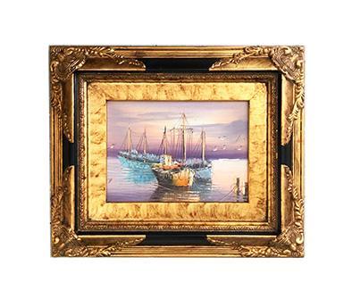Harbour painting with fantastic frame, inner size 13x18 cm