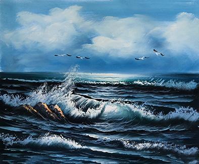 Hav och soluppgång, oljemålning på duk, 50x60 cm