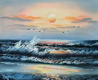 Hav och soluppgång, oljemålning på duk, 50x60 cm