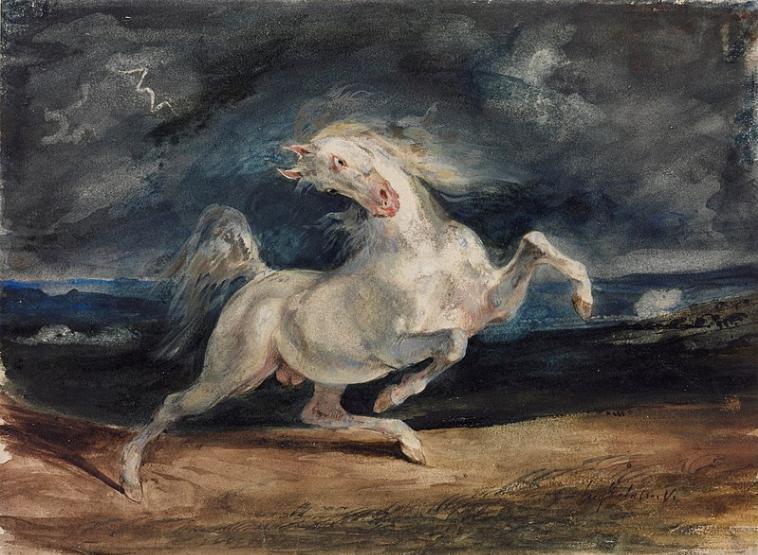 Horse Frightened by a Storm, watercolour, ， Eugène Delacroix