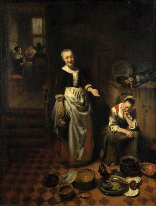 Interior with a Sleeping Maid and Her,Nicolas Maes,50x38cm