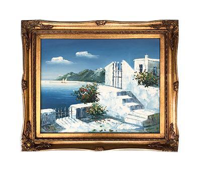 Landscape painting with fantastic frame, inner size 40x50 cm