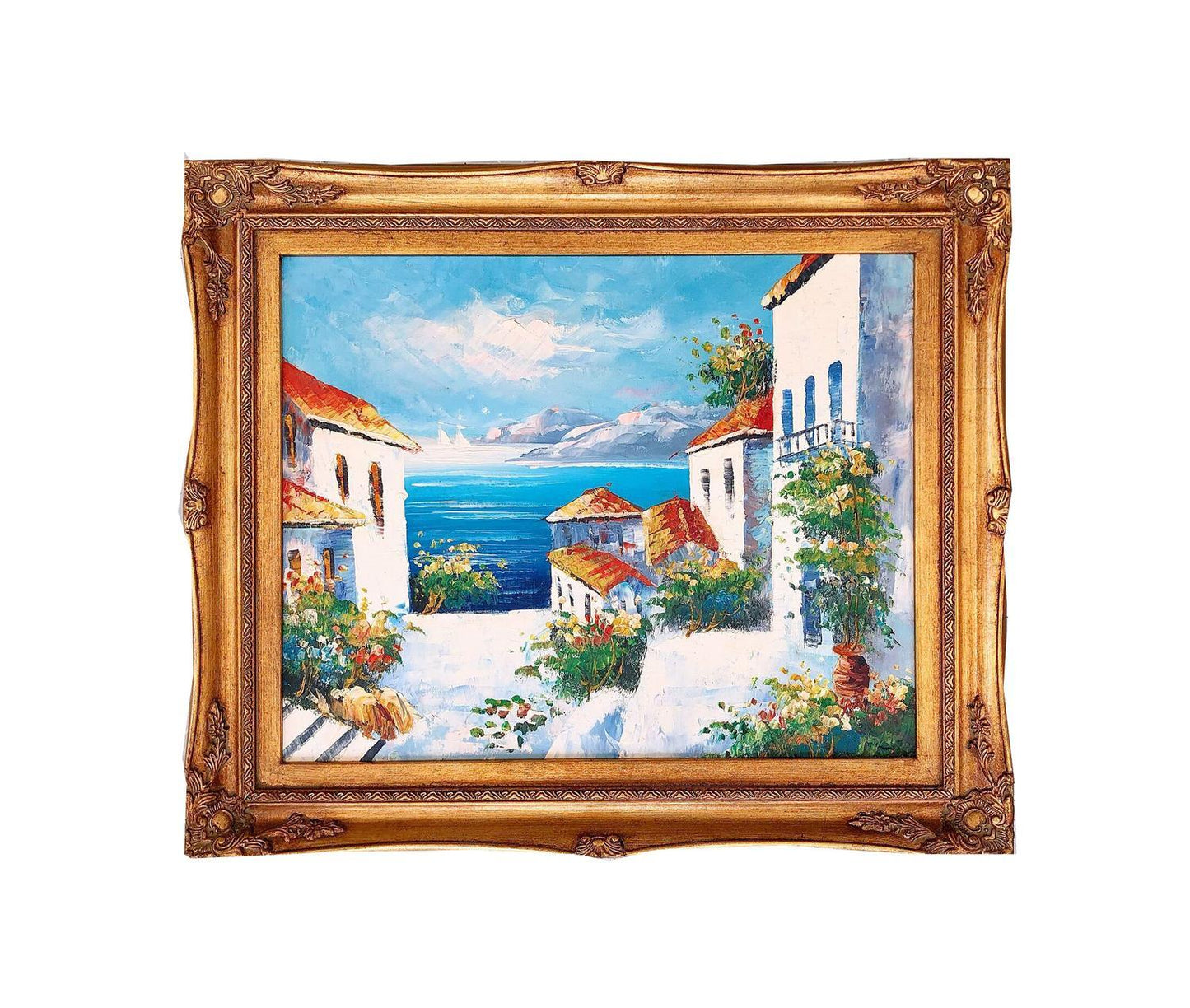 Landscape painting with fantastic frame, inner size 40x50 cm