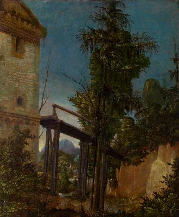 Landscape with a Footbridge,Albrecht Altdorfer,42.1x35.5cm