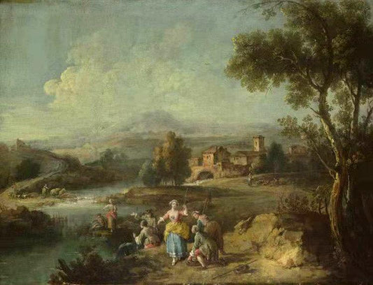 Landscape with a Group of Figures Fishing,Giuseppe Zais,50x38cm