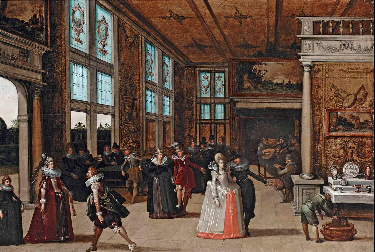 Palace interior, couples courting at ball, Louis de Caullery