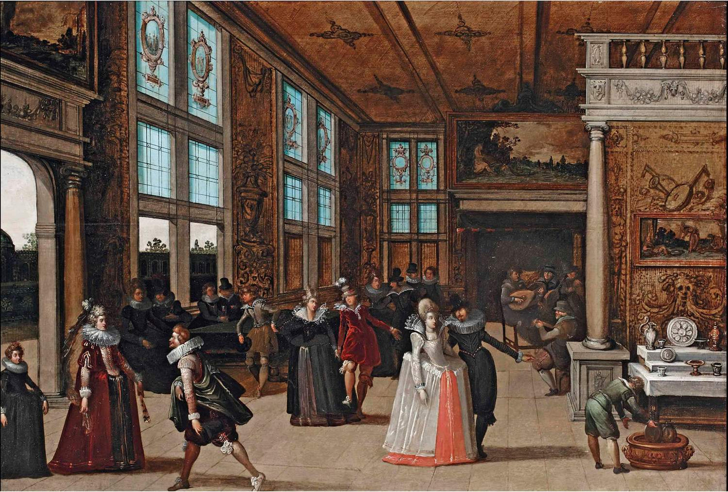Palace interior, couples courting at ball, Louis de Caullery