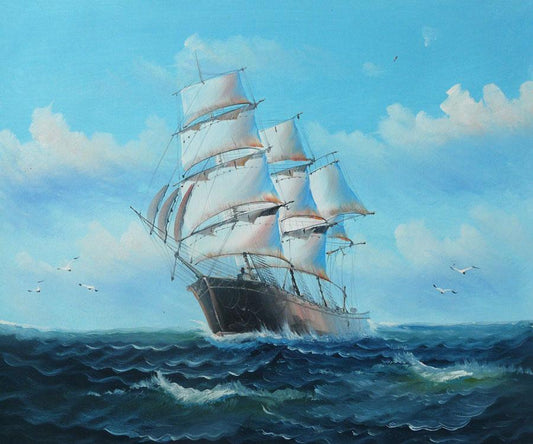 Sail boat with seagulls, hand-painted, oil painting on canvas