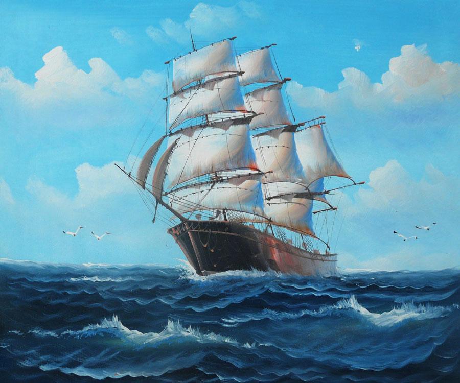 Sail boat with seagulls, hand-painted, oil painting on canvas