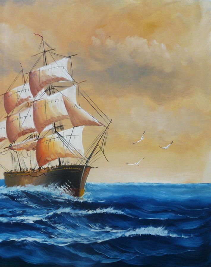 Sail boat with seagulls, navigation oil painting on canvas