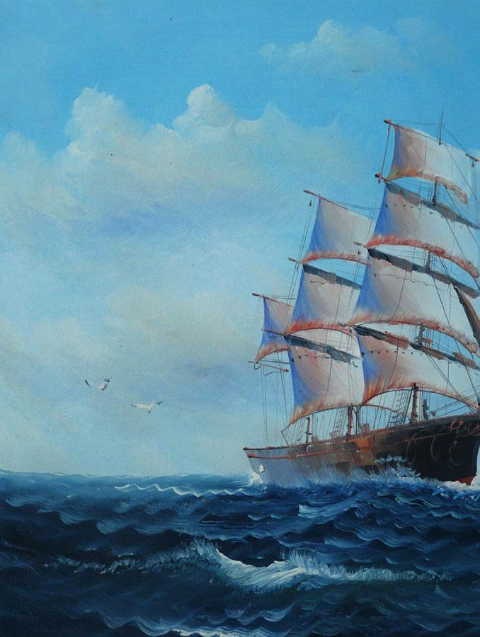 Sail boat with seagulls, navigation oil painting on canvas