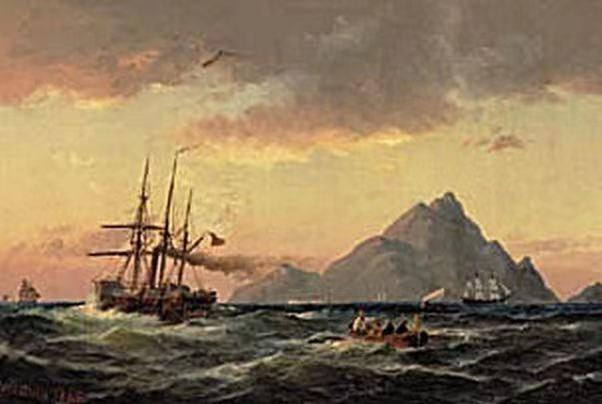 Skibe i Middelhavet ved solnedgang,Carl Bille,1815-1898
