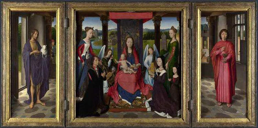 The Virgin and Child with Angels,Saints,Hans Memling,80x40cm