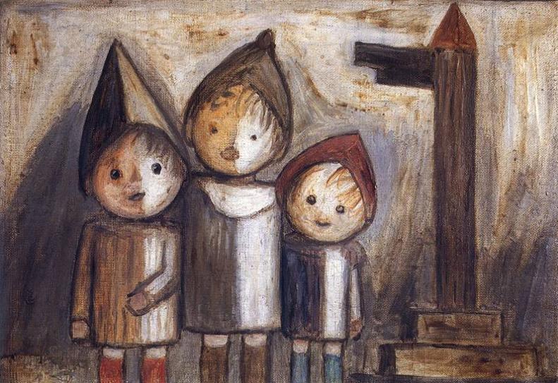 Three Children Near a Road Sign， Tadeusz Makowski