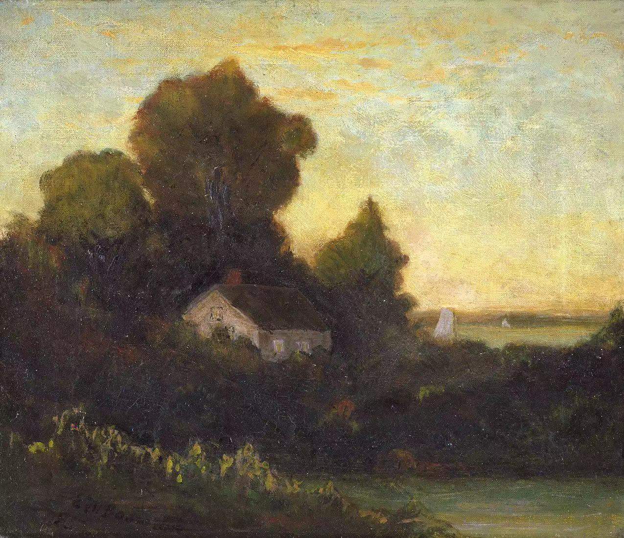 house in woods near lake,Edward Mitchell Bannister,1828-1901